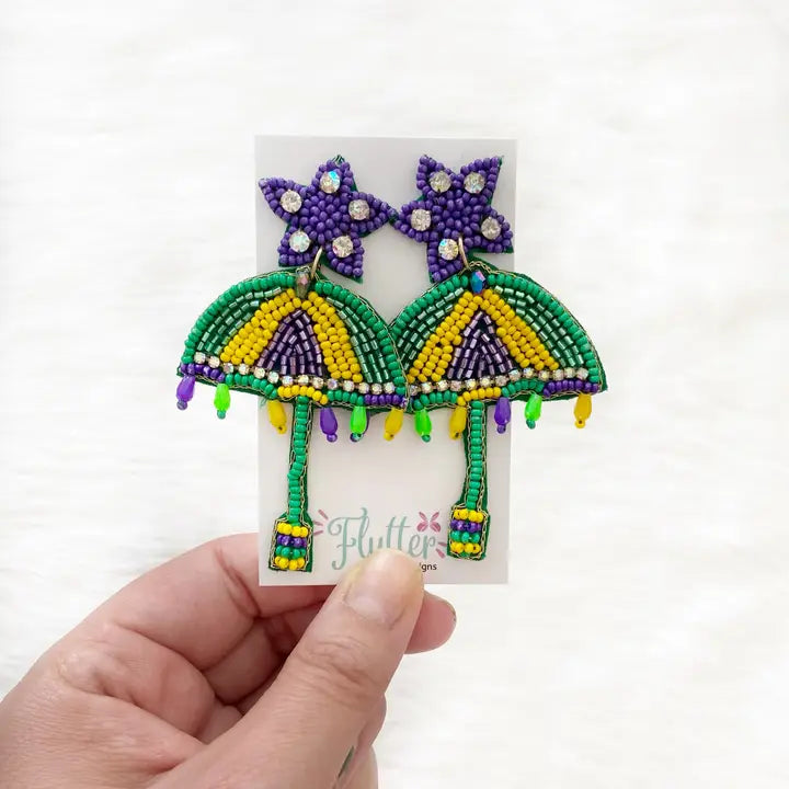 Parasol Beaded Mardi Gras Earrings