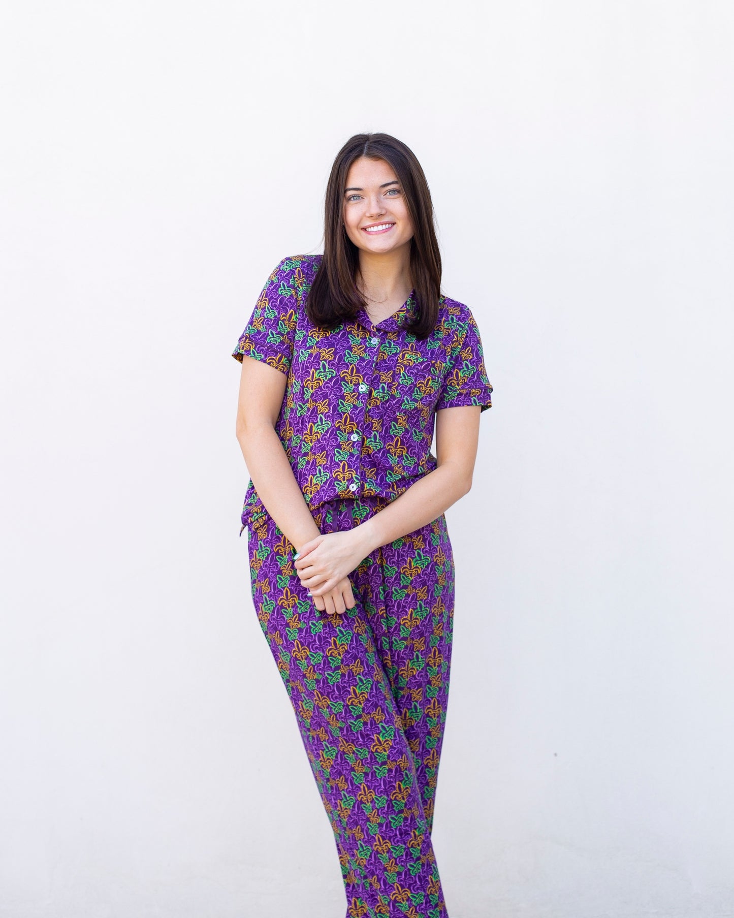 TRS - Mardi Gras Fleur de Lis Short Sleeve Button Up Shirt