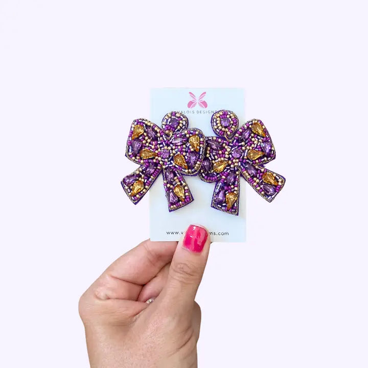 Purple & Gold Beaded Bow Earrings