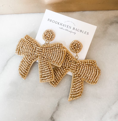 Beaded Gold Bow Earrings