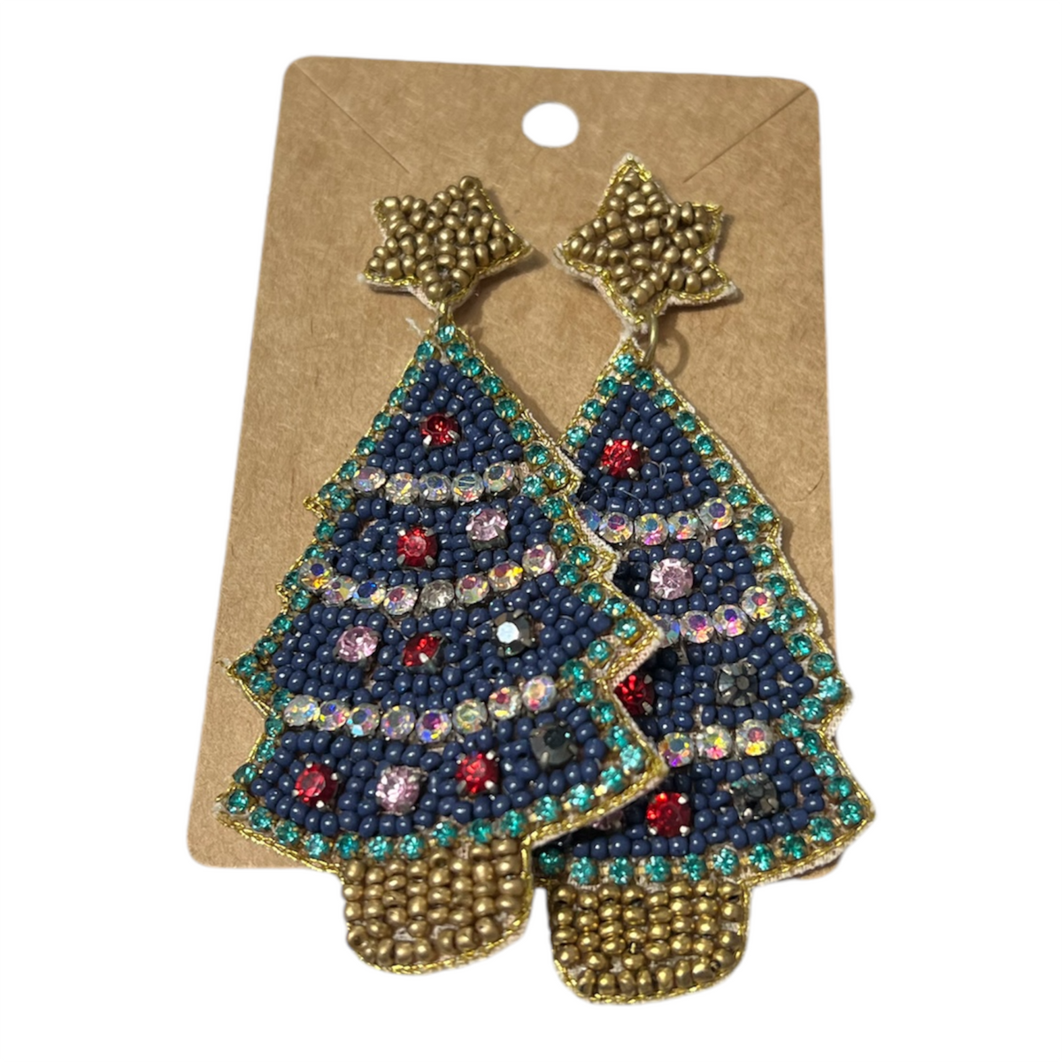 TRS - Blue & Gold Christmas Tree Beaded Earrings