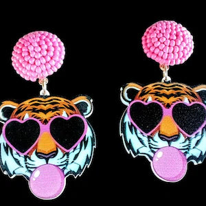 Bubble Gum Tiger Face Earrings