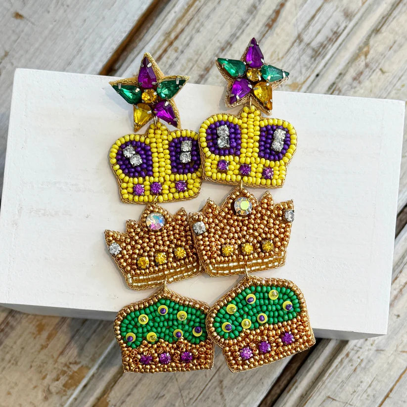 Mardi Gras Triple Crown Beaded Earrings