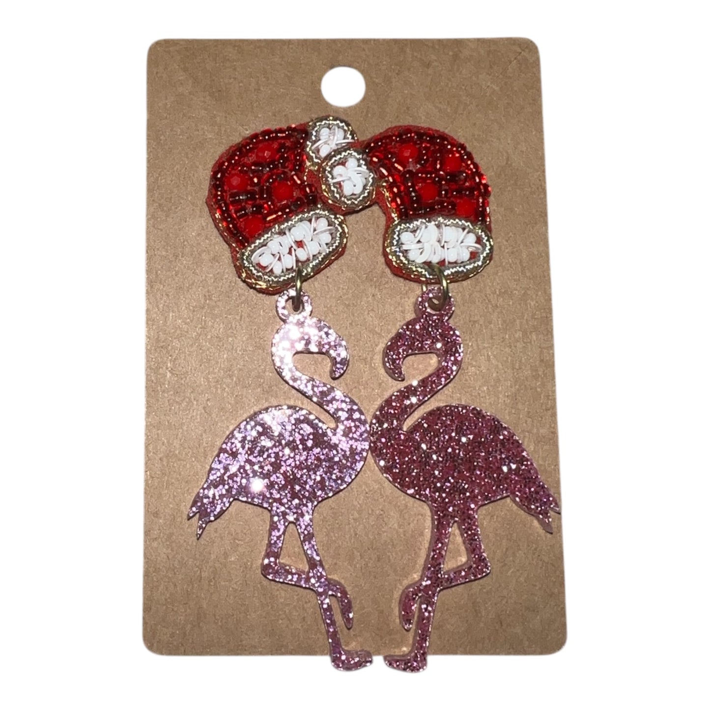 V&L - Pink Glitter Flamingo Earrings with Santa Hat