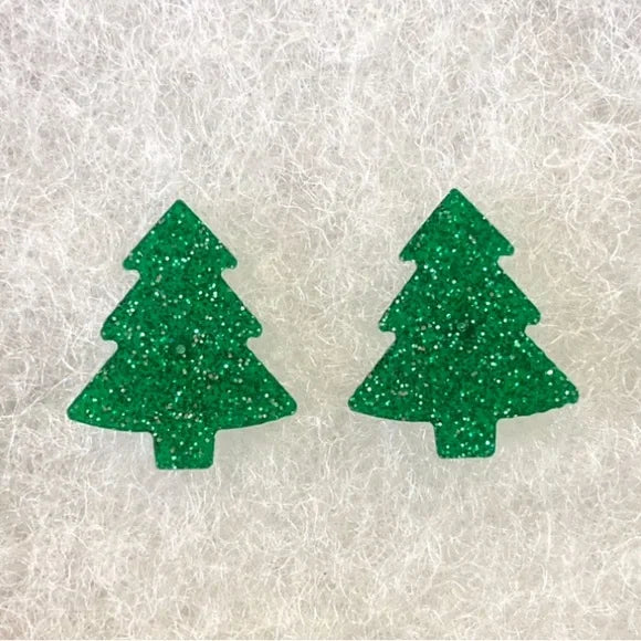 S - Green Glitter Tree Earrings