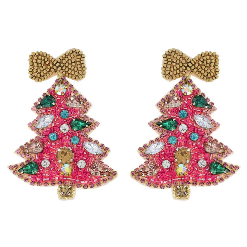 Pink Christmas Tree Beaded Earrings