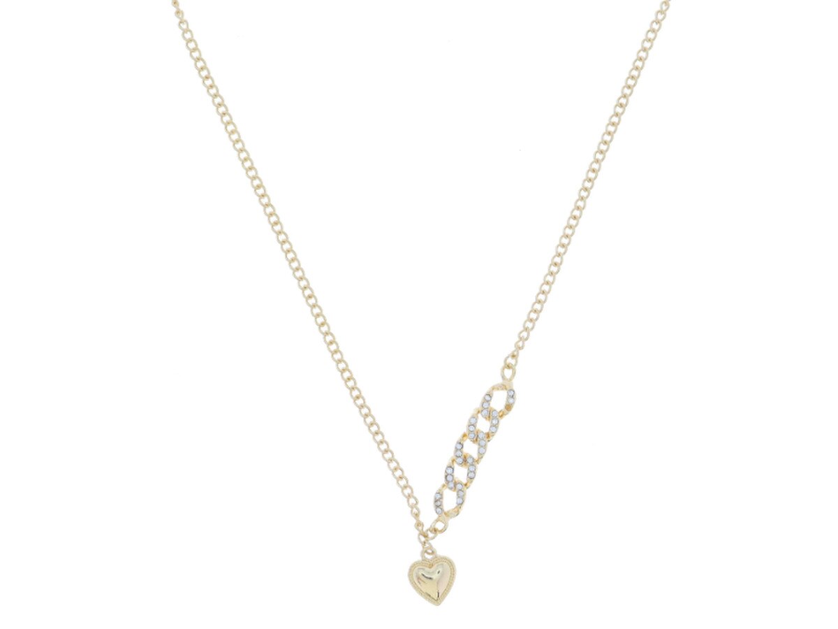 Split Crystal Embellished Curb Chain Portion with Gold Heart Dangle Necklace, 3" Ext.