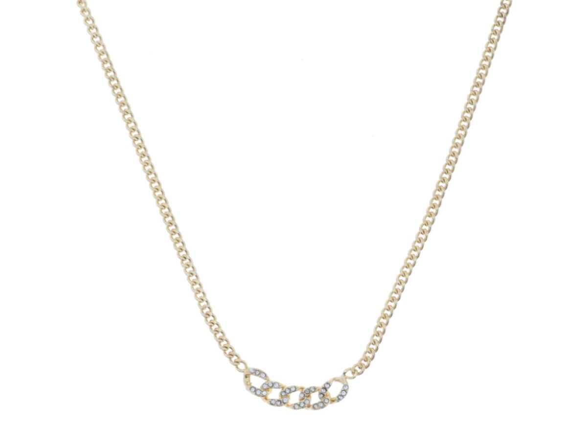 Petite Gold Curb Chain with Crystal Embellished Curb Chain Portion Necklace, 3" Ext.