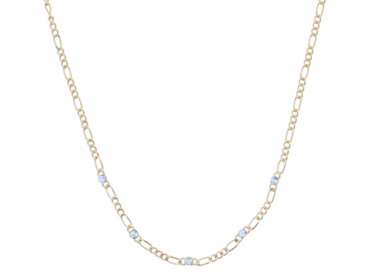 Gold Figaro Chain with Crystal Stations Necklace, 3" Ext.