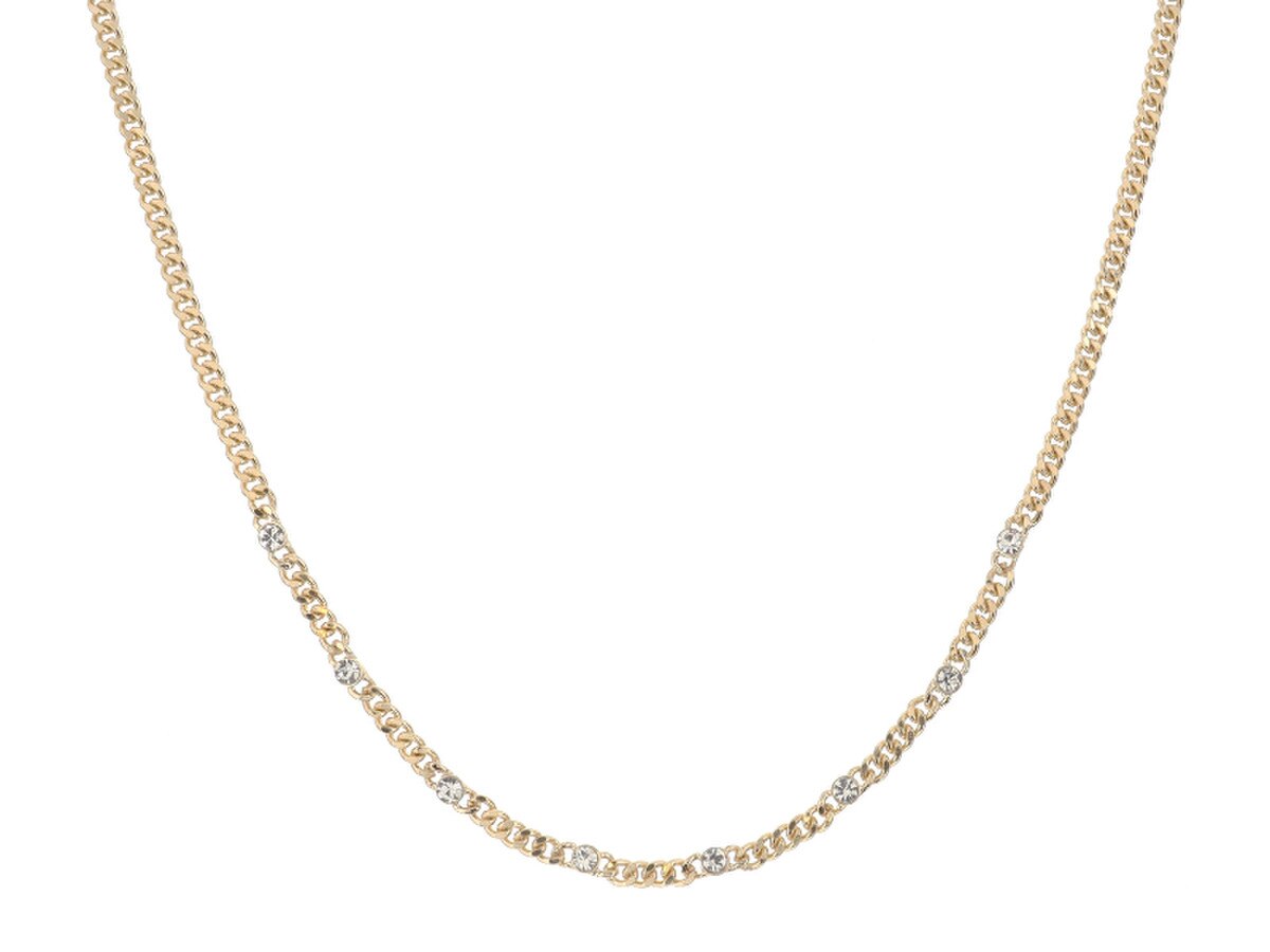 Gold Curb Chain with Crystal Stations Necklace, 3" Ext.