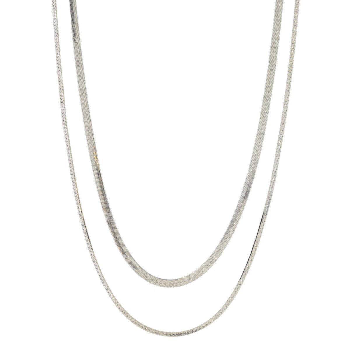 JM - 18K White Gold Plated Dainty 2 Strand, Flat Curb Chain, Mini Crystal Strand Necklace