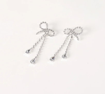Long Silver Rhinestone Bow Earrings