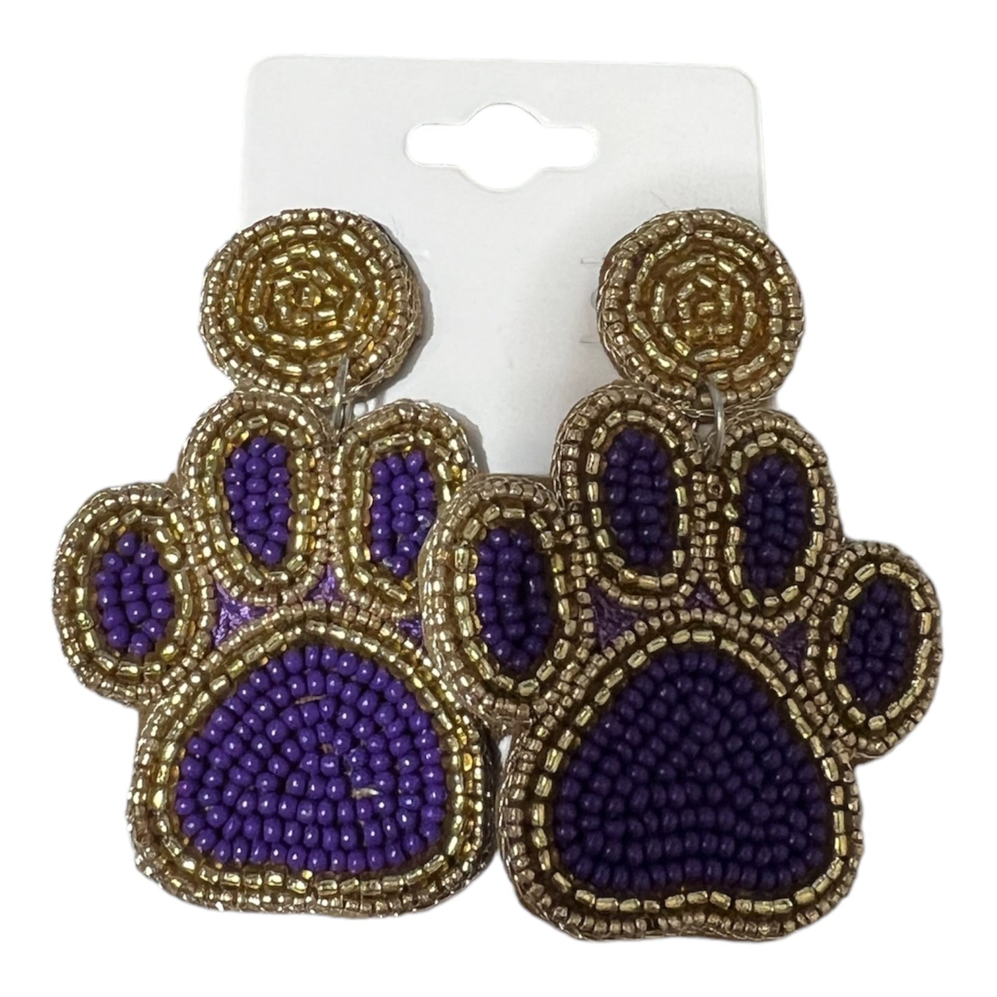 Purple & Gold Large Paw Print Beaded Earrings
