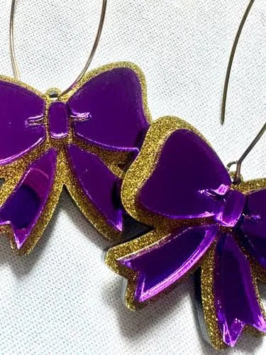 Purple and Gold Bow Acrylic Earrings