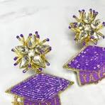 Purple and Gold Grad Cap Beaded Earrings