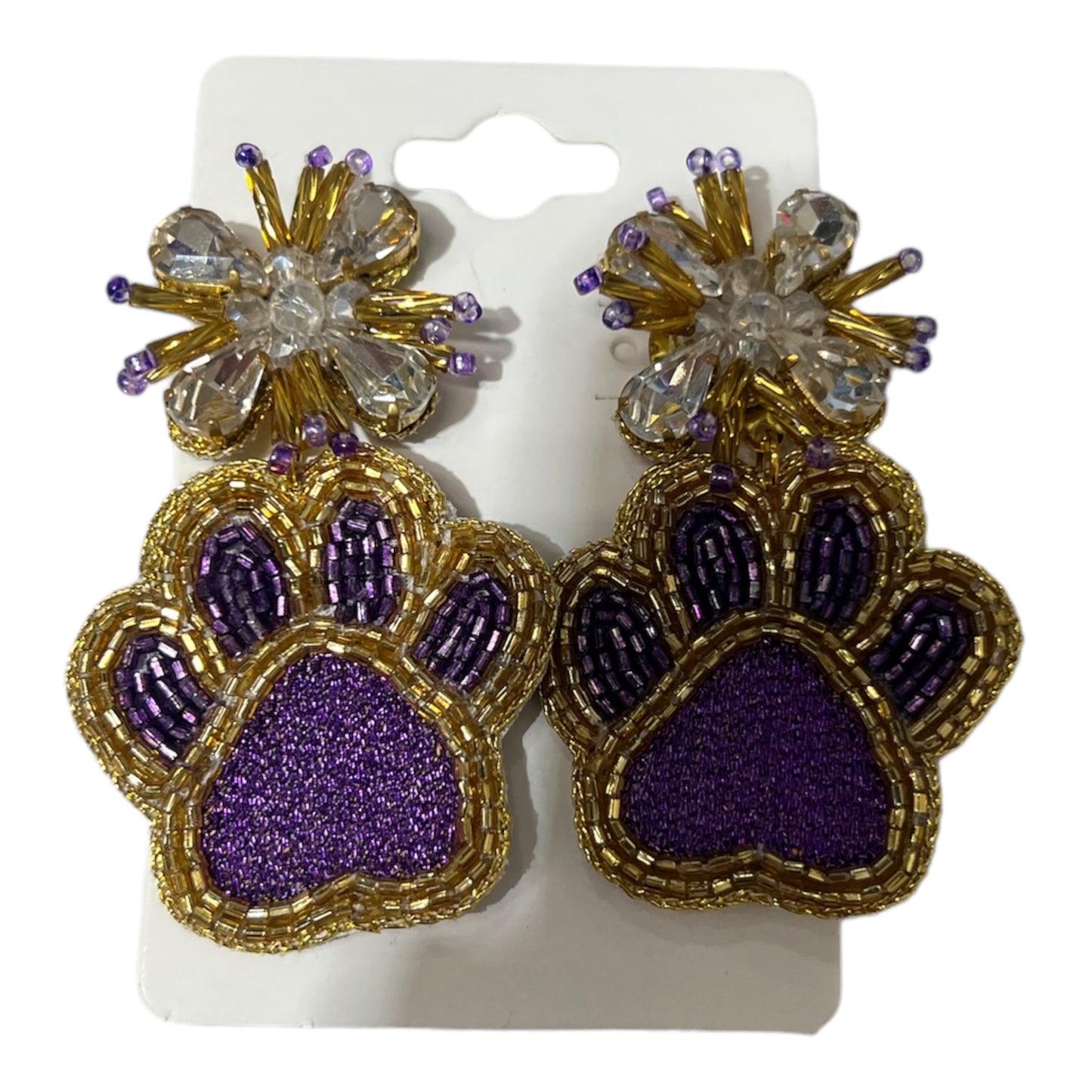 Purple & Gold Tiger Paw Beaded Earrings