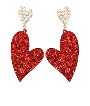 Pearl & Red Glitter Heart Earrings