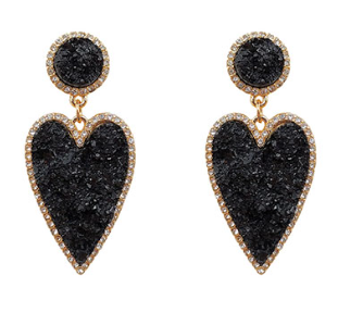 Black Druzy Heart Earrings