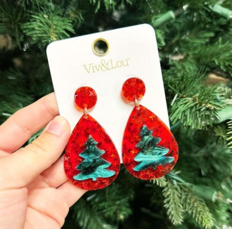 V&L - Red Christmas Tree Teardrop Acrylic Earrings