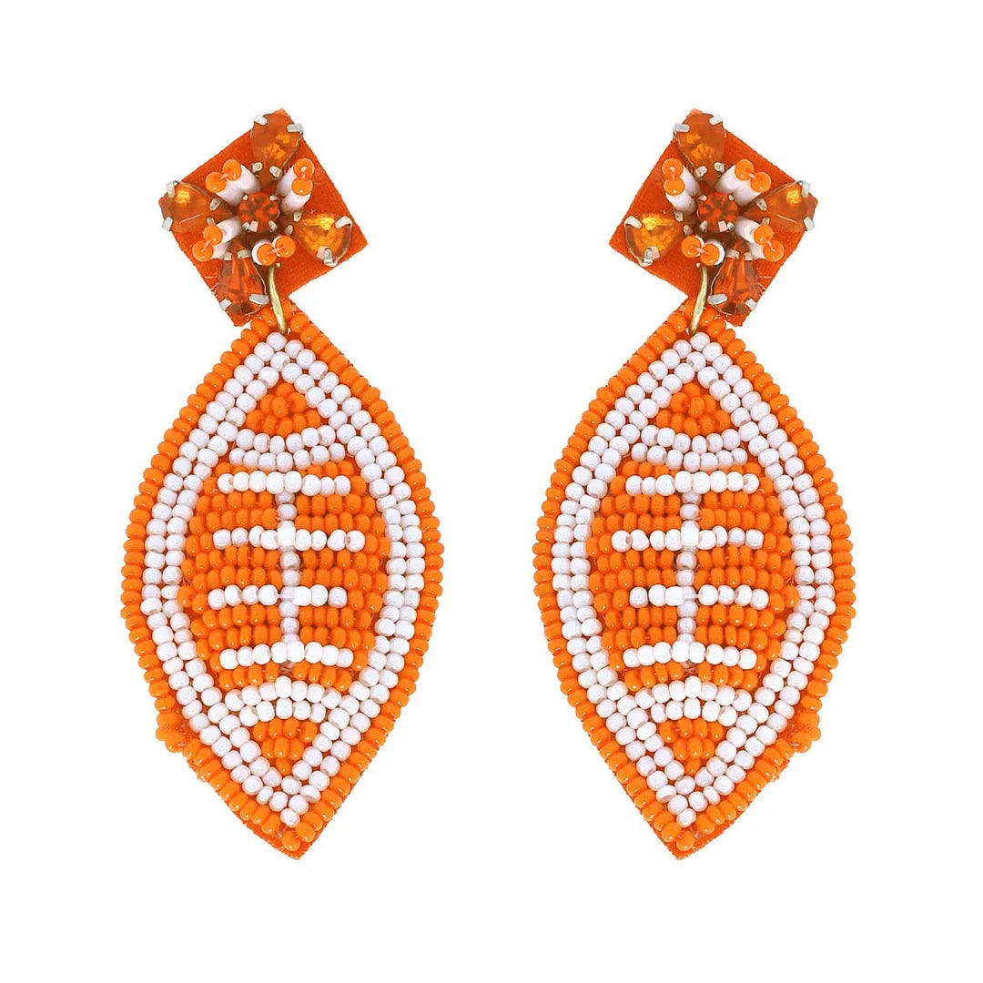 Orange Beaded Football Earrings