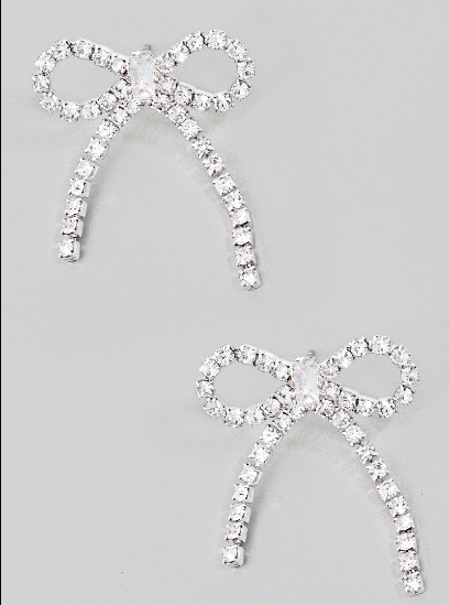 Silver Rhinestone Bow Earrings