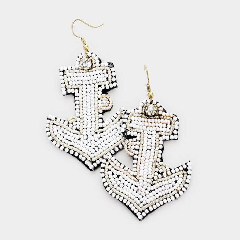 White Beaded Anchor Earrings