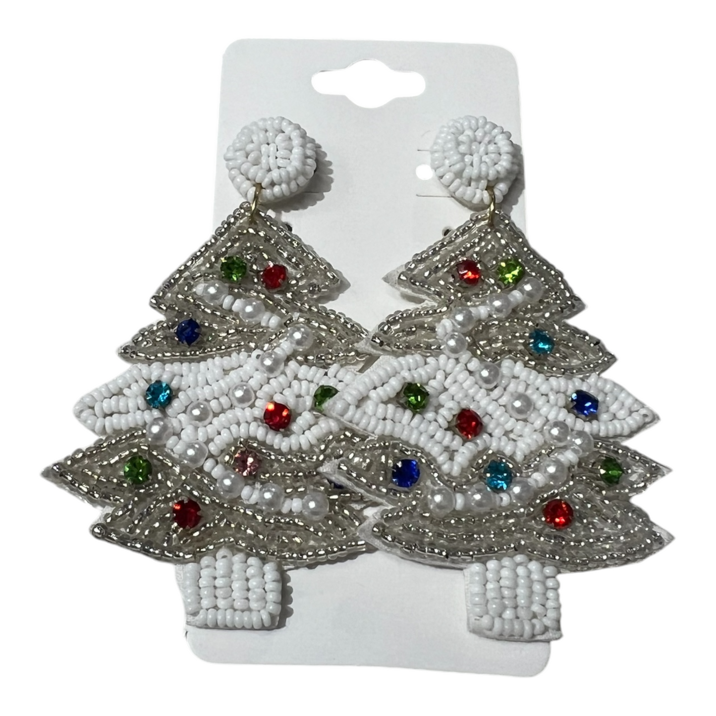 White Beaded and Pearl Christmas Tree Earrings