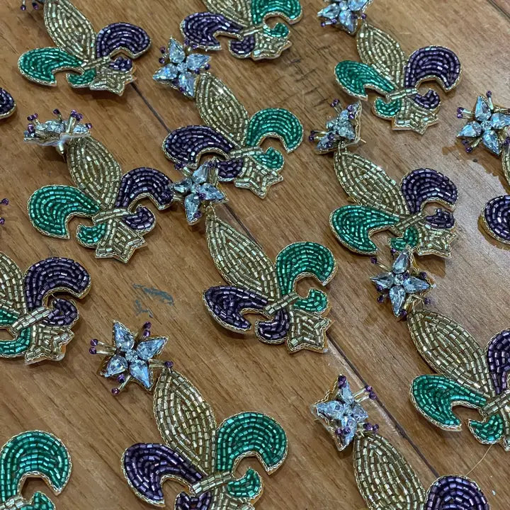 Purple, Green, and Gold Fleur De Lis Earrings