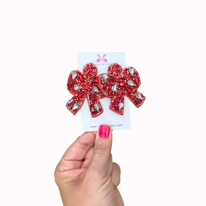 Red Beaded Bow Earrings