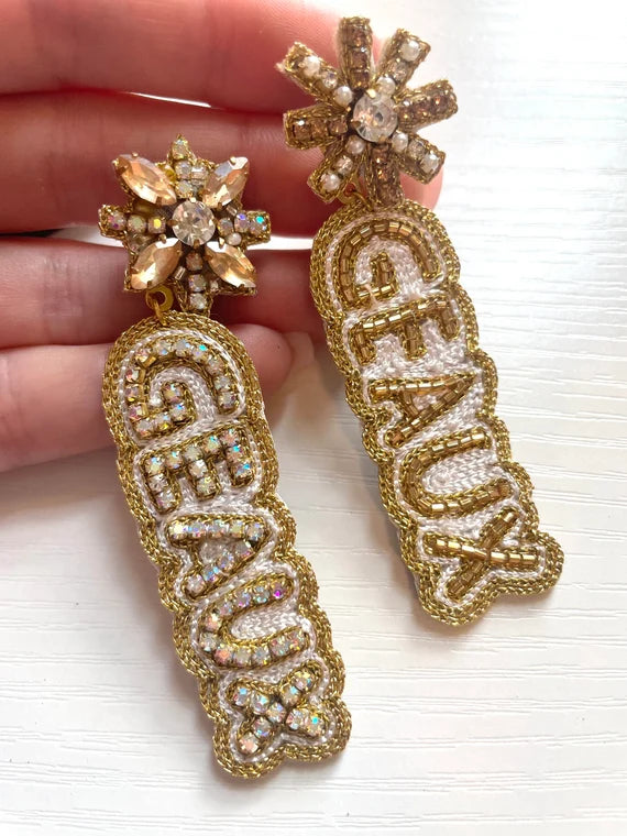 White and Gold "Geaux" Beaded Earrings