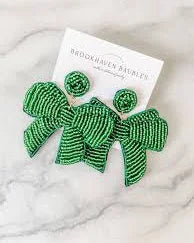 GS - Green Beaded Bow Earrings