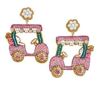 Beaded Golf Cart Earrings with Rhinestones