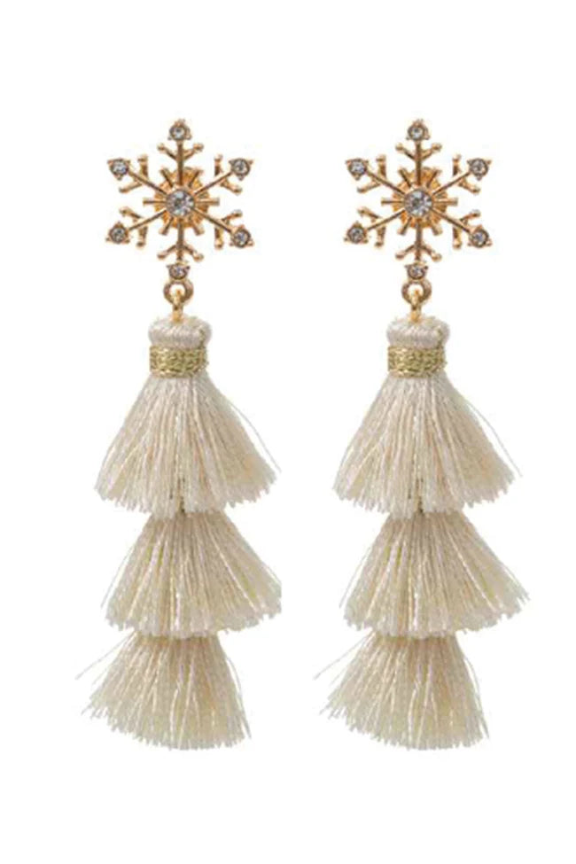 V&L - White Snowflake Tassel Earrings