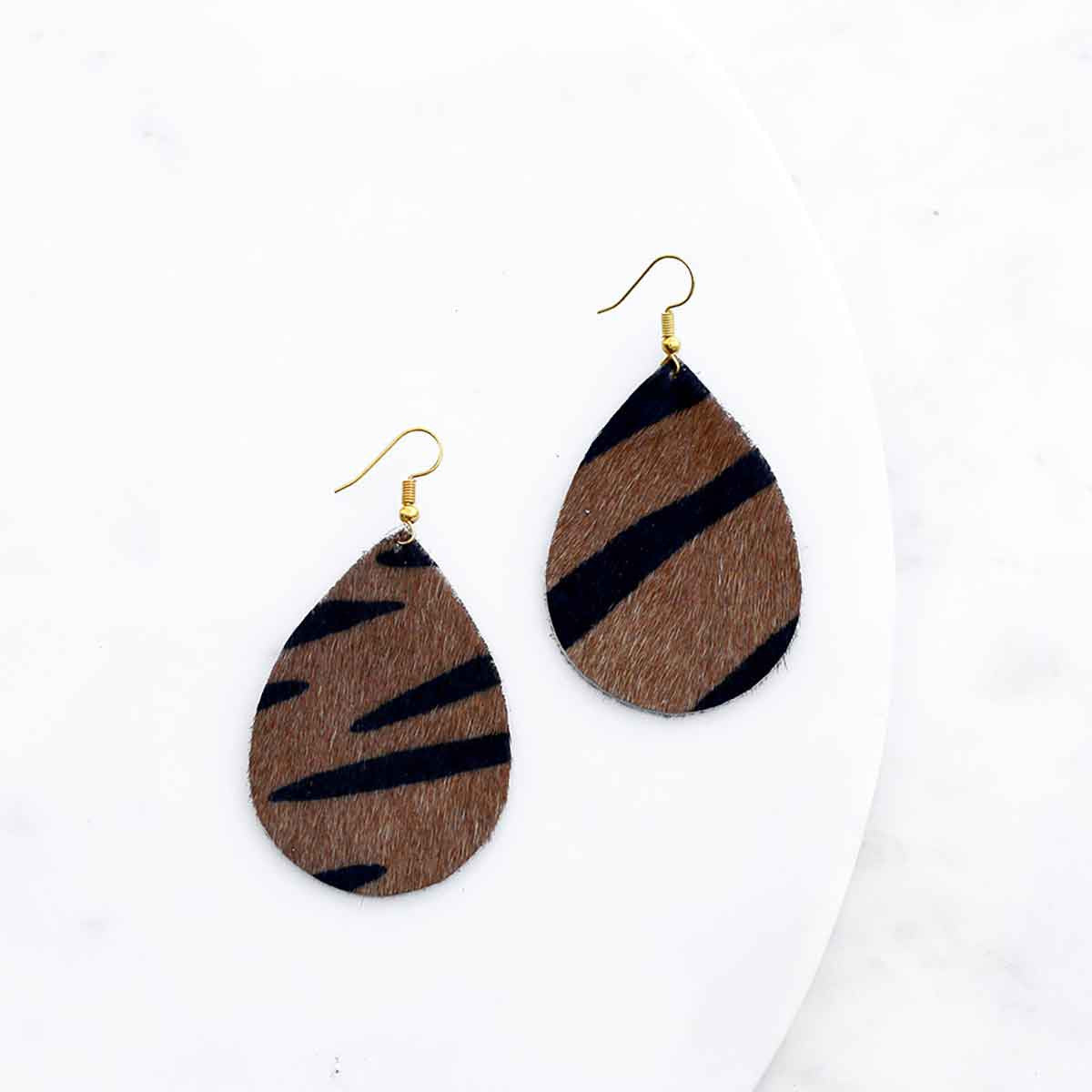 Tiger Print Hide Leather Teardrop Earrings - Ascension Golf Carts, LLC