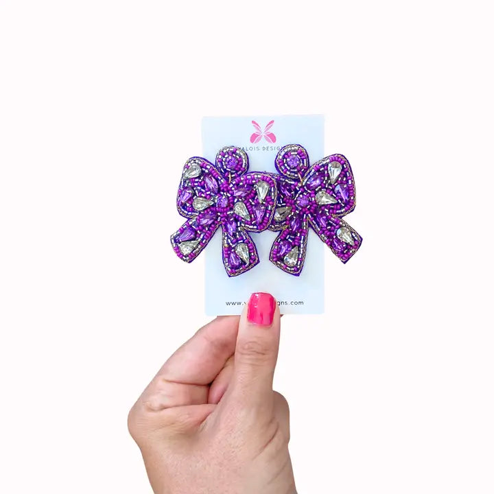 Purple Beaded Bow Earrings