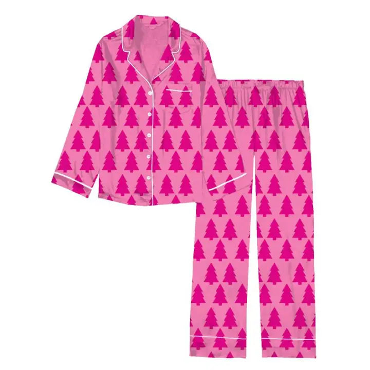 Dreaming of a Pink Christmas Satin Pajama Long Sleeve Set
