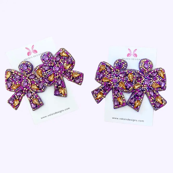 Purple & Gold Beaded Bow Earrings