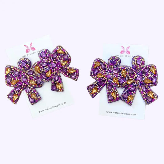 Purple & Gold Beaded Bow Earrings