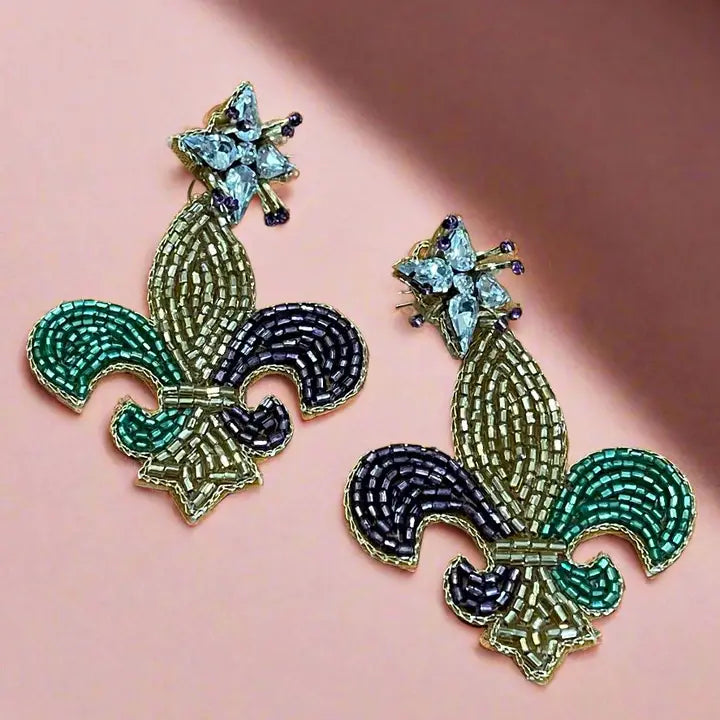 Purple, Green, and Gold Fleur De Lis Earrings