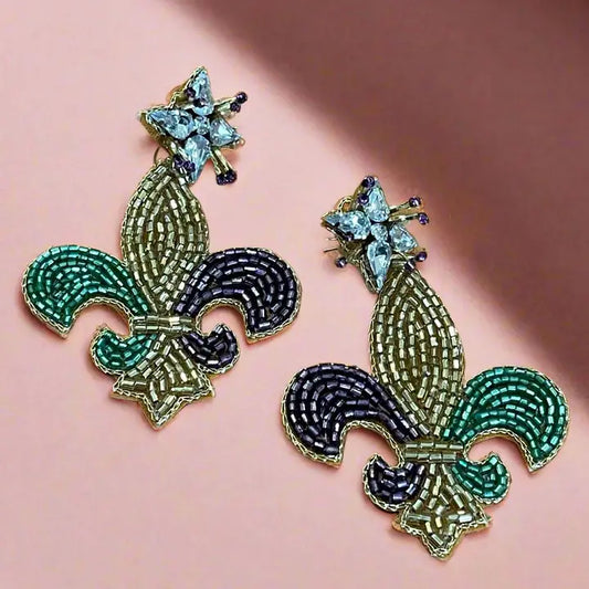 Purple, Green, and Gold Fleur De Lis Earrings