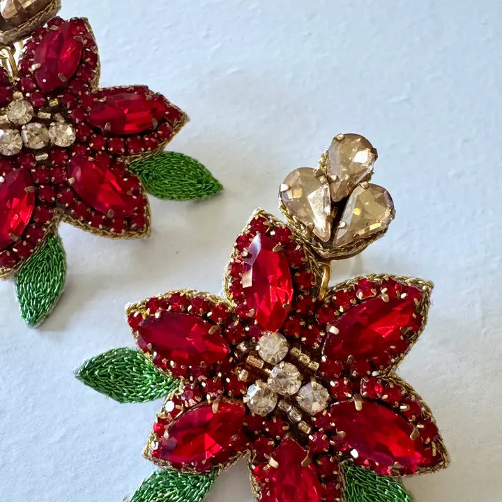 Beaded Rhinestone Poinsettia Earrings