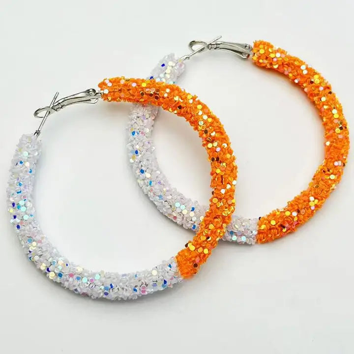 Orange and White Sparkling Hoop Earrings