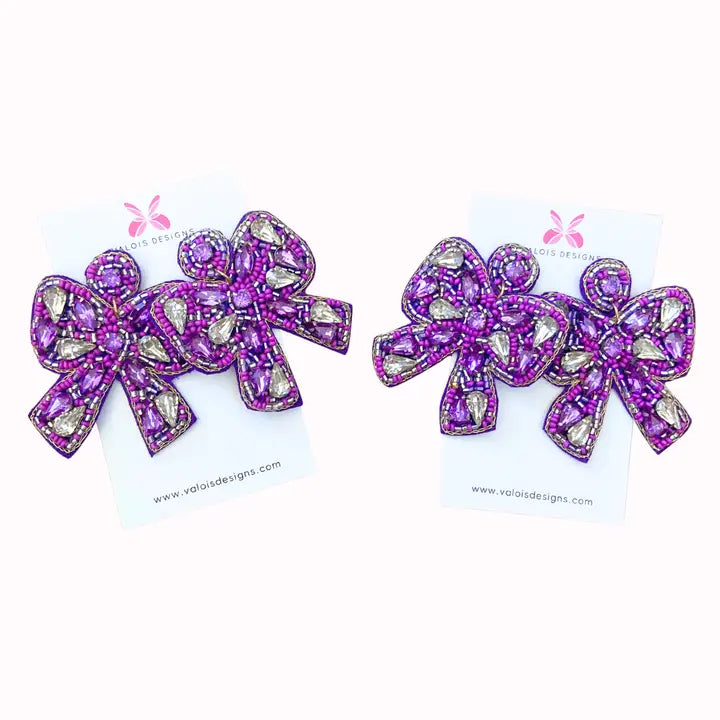 Purple Beaded Bow Earrings
