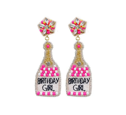 Beaded "Birthday Girl" Champagne Bottle Earrings