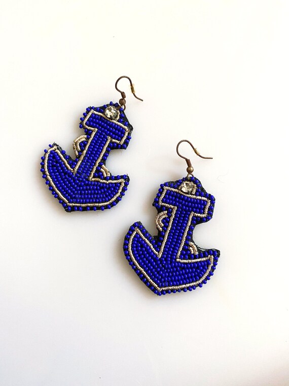 Blue Beaded Anchor Earrings