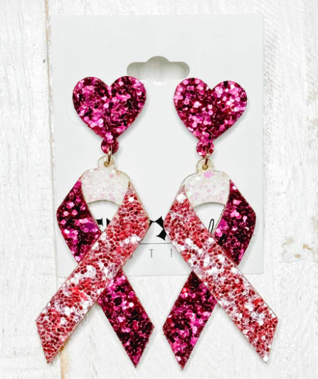 Breast Cancer Ribbon Glitter Earrings