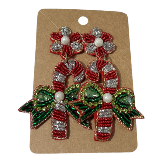 Candy Cane with Green Bow Earrings