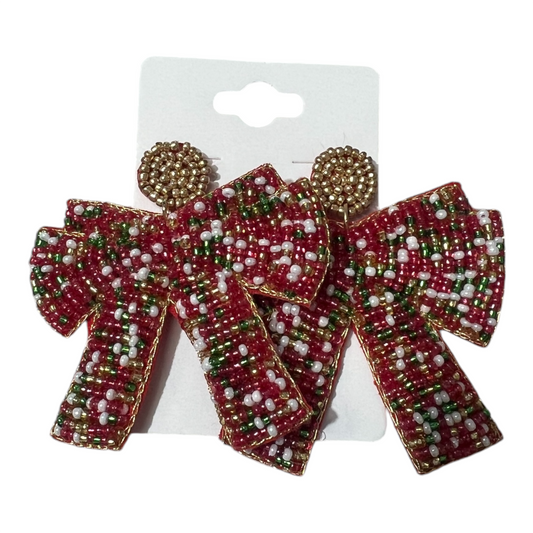 Christmas Bow Beaded Earrings