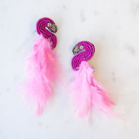 Beaded Flamingo with Feather Earrings