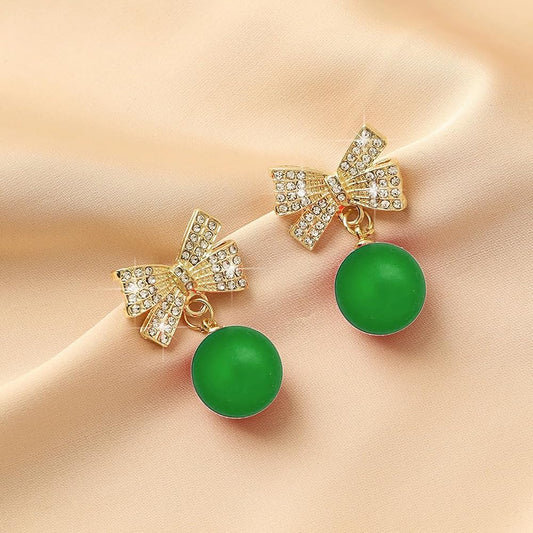 Green Pearl Earrings with Gold Bow